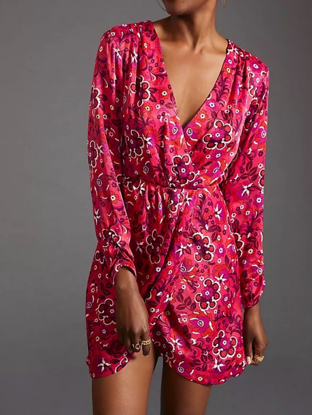 Anthropologie Maeve‎ Pink Satin Floral Wrap Midi Dress Women’s Sz XS